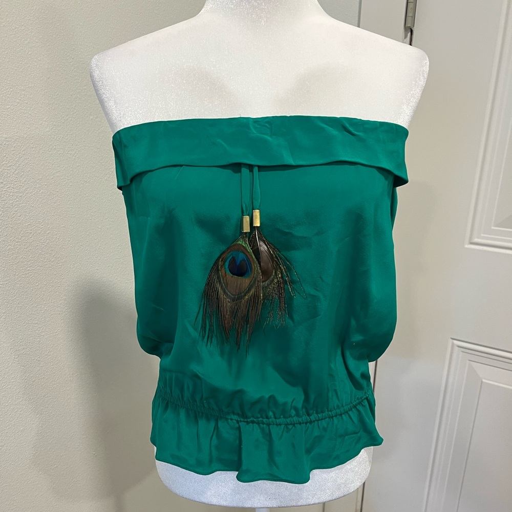 Karina Grimaldi Green Strapless Blouse with Feather Accents